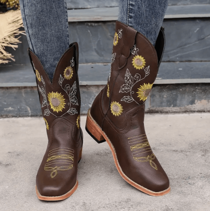 Bota-Feminina-Texana-Girassol-Encanto-Café